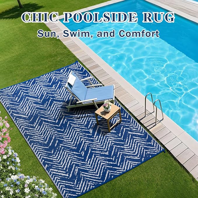 Outdoor Patio Rug 5x8 Navy Blue, Waterproof Reversible Outdoor Plastic Straw Rugs RV Camping Mat UV-Resistant Outside Carpet Portable Area Mats for Garden Balcony Deck Picnic Beach