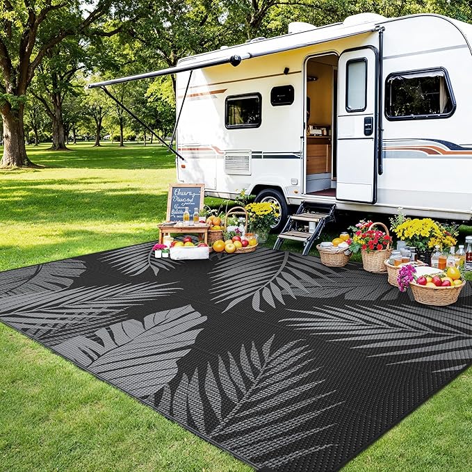 Outdoor Rug 8' x 10' for Patio Waterproof Clearance, Reversible Indoor Outdoor Plastic Straw Camping Rug Carpet, RV Mat, Large Area Rug for Deck, Backyard, Balcony, Porch, Beach, Black and Grey