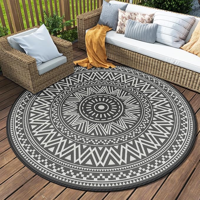 MontVoo Outdoor Rug Carpet Waterproof Round 6ft Outdoor Patio Rug Mat Reverisble Plastic Straw Outdoor Rug for RV Camping Picnic Beach Balcony Boho Grey