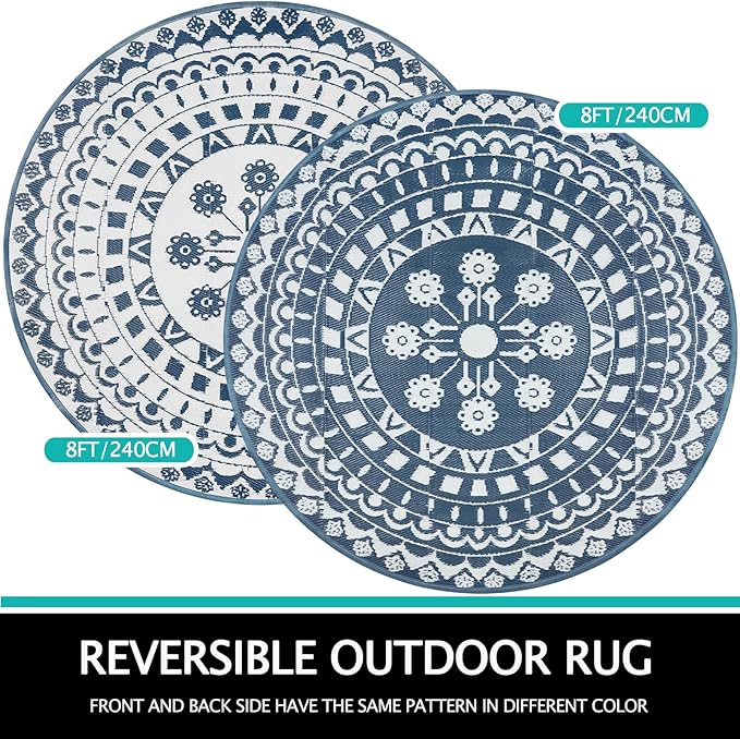 Capslpad 8Ft Round Outdoor Rug for Patios Clearance Reversible Mat Plastic Straw Patio Rugs Lightweight RV Camping Mat Circle Outside Area Rug Carpet for Balcony Deck Trailer Picnic,Blue