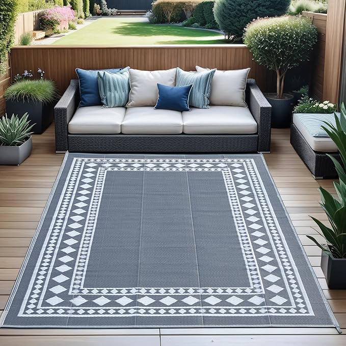 RURALITY Outdoor Rugs 6x9 Waterproof for Patios Clearance,Plastic Straw Mats for Backyard,Porch,Deck,Balcony,Grey and White