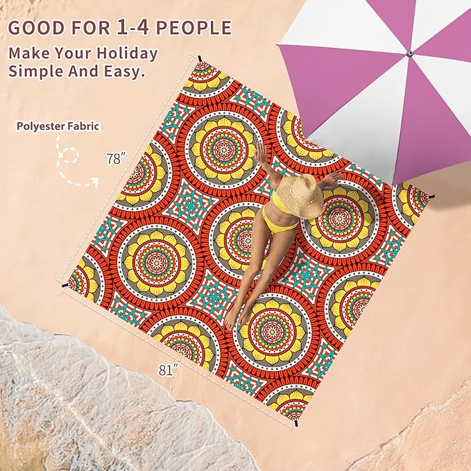 BYDOLL Beach Blanket Waterproof Sandproof 78''×81'' Suits1-4 Adults Compact Lightweight Oversized Sand-Free Blanket Large Picnic Mat for Beach Travel Camping Hiking