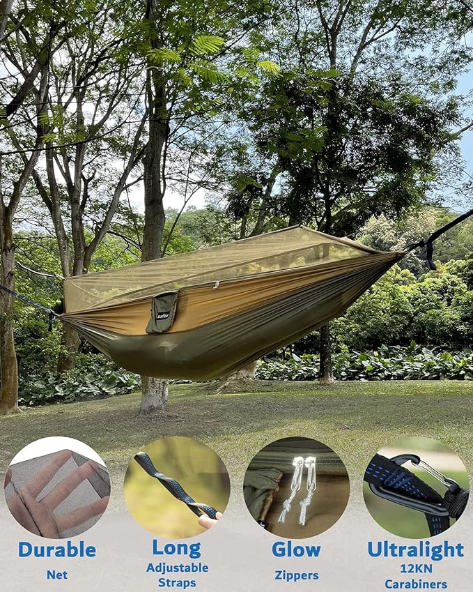 Sunyear Camping Hammock, Portable Single & Double Hammock with Net, 2 Person Hammock Tent with 2 * 10ft Straps, Best for Outdoor Hiking Survival Travel