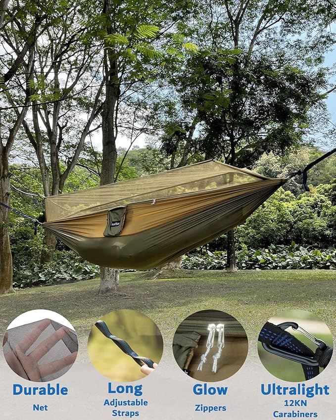 Sunyear Camping Hammock, Portable Single & Double Hammock with Net, 2 Person Hammock Tent with 2 * 10ft Straps, Best for Outdoor Hiking Survival Travel