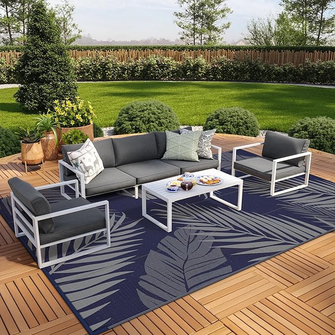 GENIMO Outdoor Rug 9' x 18' Waterproof for Patios Clearance, Reversible Outdoor Plastic Straw Camping Rug Carpet, Large Area Rugs Mats for RV, Camper, Deck, Balcony, Porch, Beach, Navy Blue&Grey