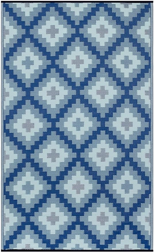 FH Home Outdoor Rug - Waterproof, Fade Resistant, Reversible - Premium Recycled Plastic - Geometric - Patio, Deck, Porch, Balcony, Laundry Room - Aztec Kilim - Blue Multi Crease Free - 5 x 8 ft