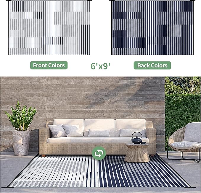 GENIMO Outdoor Rug for Patio Clearance, 6'x9' Waterproof Camping Mat, Reversible Plastic Straw Rugs for RV, Camper, Balcony, Backyard, Picnic, Deck (Blue&White)