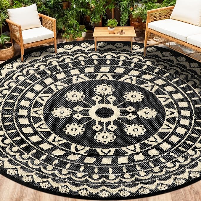 Capslpad 8Ft Round Outdoor Rug for Patio Reversible Mat Waterproof Plastic Straw Rug Boho Circle Indoor Outside Area Rug for RV Camping Picnic Pool Tent Balcony Beach Deck Doormats Decor, Beige