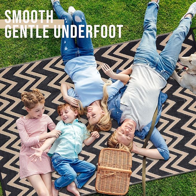 OLANLY Waterproof Outdoor Rug 6x9 ft Clearance, Reversible Outdoor Plastic Straw Rug, RV Mat, Indoor Outdoor Carpet for Patio, Camping, Balcony, Deck, Backyard, Black & Beige