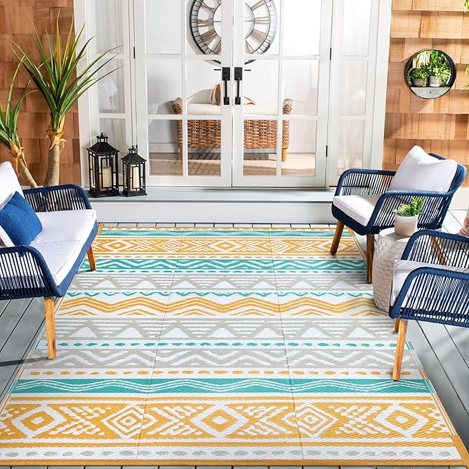 Lahome Waterproof Outdoor Rug 6x9, Reversible Outdoor Plastic Straw Rug for Camping, Large RV Outdoor Patio Rug, Outdoor Rugs Carpet for Porch Deck Backyard Balcony Picnic(Blue/Yellow,6'x 9')