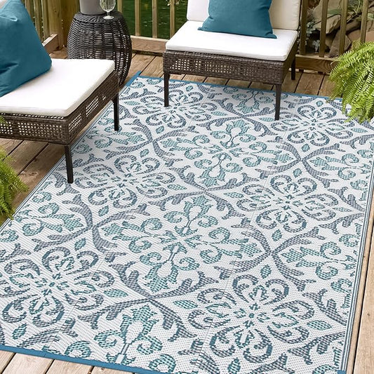 Lahome Waterproof Outdoor Plastic Straw Rug 5x8 Outside Carpet Waterproof Camping Mats Rugs, Reversible Floral Design Patio Rug for Porch Backyard Balcony Deck, Blue & White