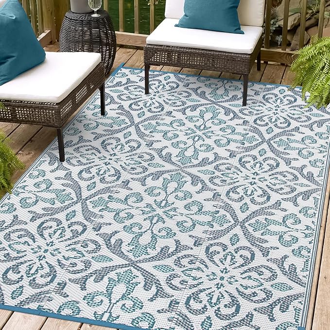 Lahome Patio Rug 6x9 Deck Rugs Outdoor Waterproof for Outside, Plastic Straw Rug Reversible Rv Mat,Large Portable Porch Floor Camping Carpet for Balcony Tent, Blue & White 6x9
