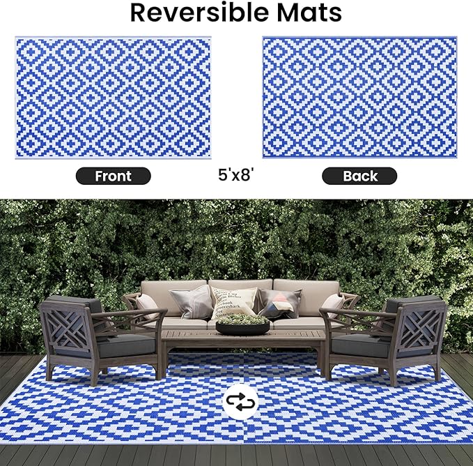 Smiry Waterproof Outdoor Rug 5x8 ft, Reversible Plastic Straw Patio Camping Rugs, Outdoor Indoor RV Mat Carpet for Patio, Outside Entry, Backyard, Deck, Bench, Picnic, Camper, White & Blue