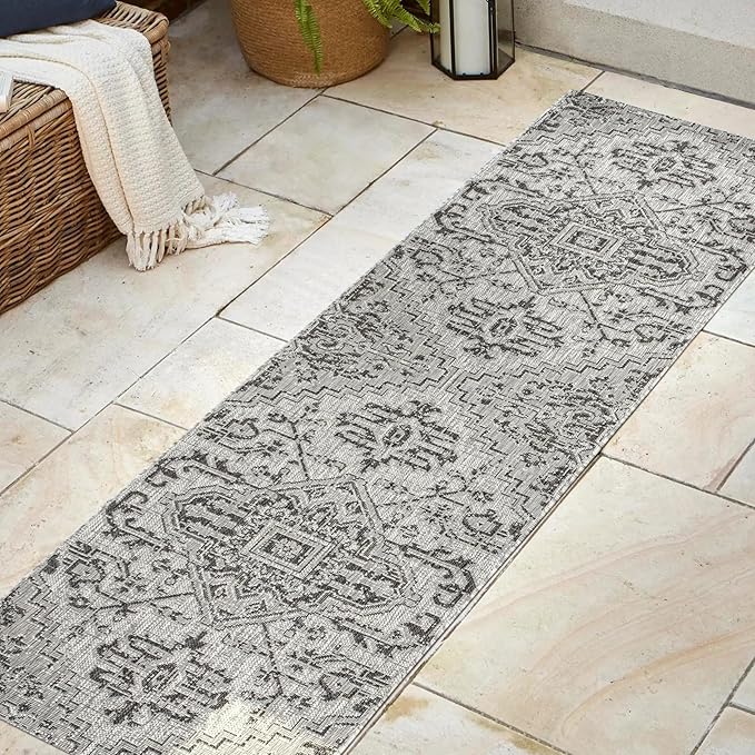 JONATHAN Y SMB105D-28 Estrella Bohemian Medallion Textured Weave Indoor Outdoor Runner Rug Coastal Bohemian Rustic Glam Easy Cleaning Bedroom Kitchen Backyard Patio Non Shedding, 2 X 8, Black/Gray