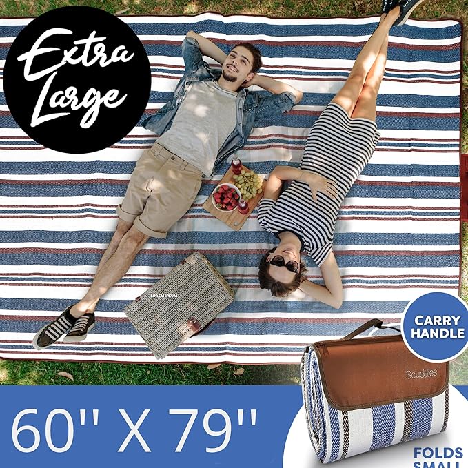 scuddles Extra Large Picnic & Outdoor Blanket with Pocket for iPhone Keys and More Dual Layers for Outdoor Water-Resistant Handy Mat Tote Spring Summer Camping Blanket Great for The Beach
