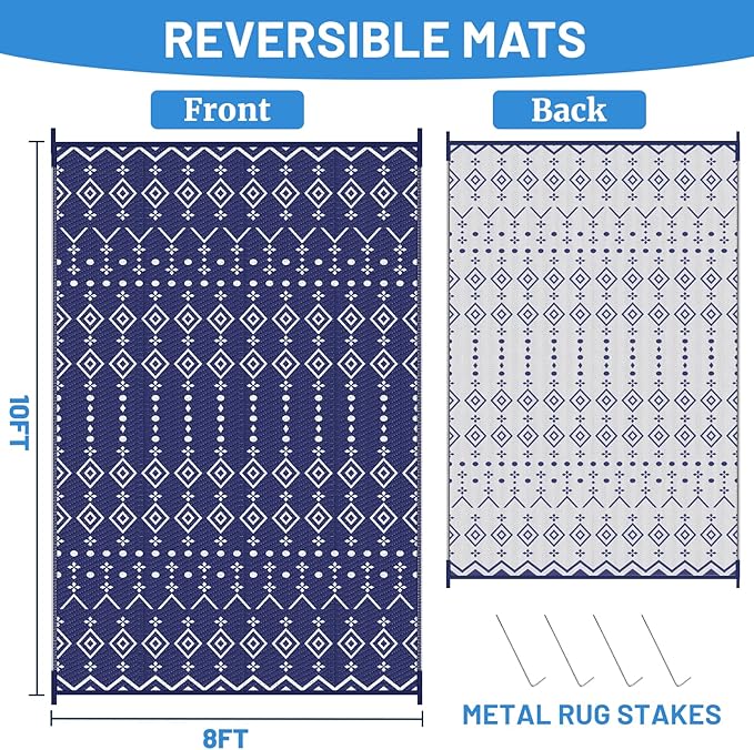 StepRite 8’ x 10’ Reversible Outdoor Rug, Waterproof Plastic Straw Rug, Patio Rug, Large Modern Area Rug Carpet, Indoor Outdoor Rugs for Camping, Porch, Deck, Balcony, Backyard, RV, Picnic(Blue)