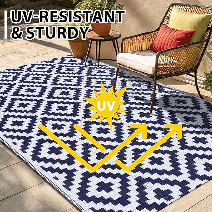 Smiry Waterproof Outdoor Rug 4x6 ft, Reversible Plastic Straw Patio Camping Rugs, Outdoor Indoor RV Mat Carpet for Patio, Outside Entry, Backyard, Deck, Bench, Picnic, Camper, White & Navy