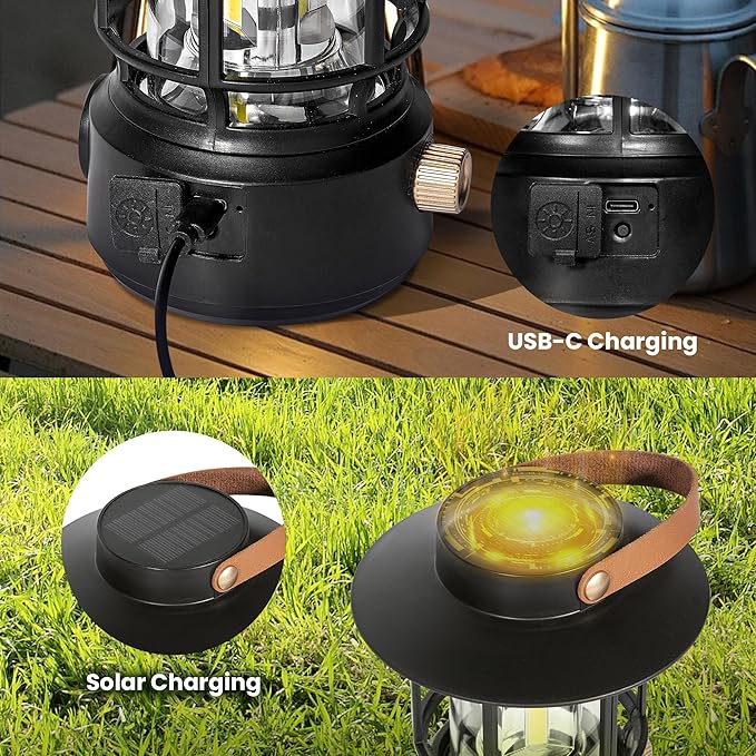LED Camping Lantern, Solar Rechargeable Lantern Camping Lights with Side Lights, 1000LM Retro Style Portable Flashlight, IPX5 Waterproof Lanterns for Power Outages, Emergency, Hurricane, Hiking