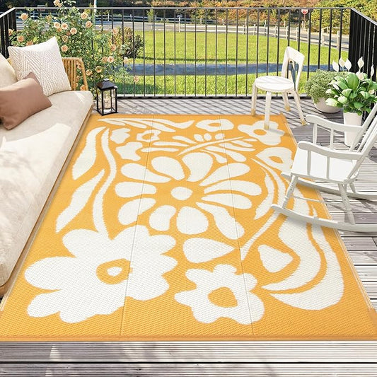 Wonnitar 6x9 Outdoor Rug Waterproof, Reversible Plastic Straw RV Rugs for Camping Outside, Large Portable RV Outdoor Mat Orange Abstract Flower Tent Rug for Camping Garden Picnic (Orange, 6'x9')