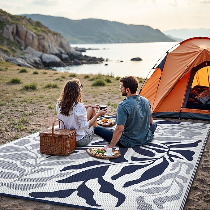 GENIMO Outdoor Rug 6' x 9' Waterproof for Patio Clearance, Reversible Plastic Straw Camping Carpet, Lightweight Rugs Mats for Rv, Backyard, Deck, Porch, Picnic, Beach, Balcony, Blue & White