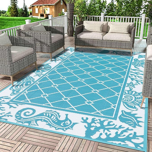 Vaukki Reversible Rugs, Plastic Straw Outdoor Doormat, Fade Resistant Plastic Outdoor Patio Mat, Lightweight Ocean Area Carpet for Patio, RV, Camping, Beach, Deck, Backyard and Picnic (Teal, 5'x8')