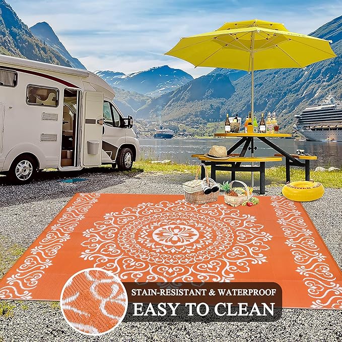 Pauwer Waterproof Outdoor Rug 8x10, Reversible Plastic Straw Patio Camping Rug, Indoor Outdoor RV Mat Carpet for Deck, Camper, Porch, Balcony, Backyard, Picnic, Floral Orange