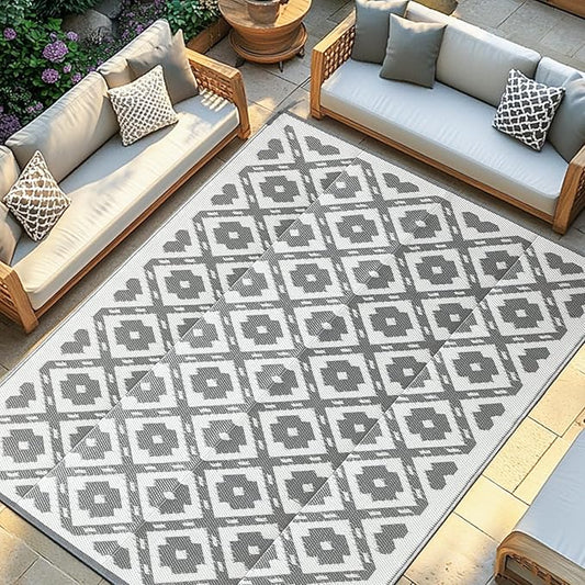 Waterproof Outdoor Rug 6x9 ft, Reversible Plastic Straw Rug, Easy to Clean Patio Rug, Portable Carpet for Patio, RV, Deck, Balcony, Backyard, Picnic, Beach, Square Dashed, Gray