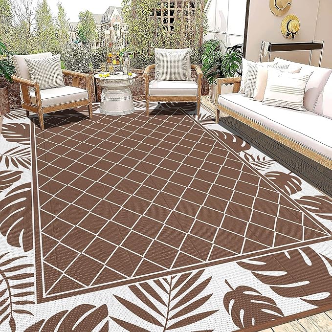 Ileading Outdoor Rug Carpet for Patio 9'x12' Waterproof Reversible Plastic Straw Rug Portable Outside Area Rug Camping Mat for Patio, Clearance, Balcony, Picnic, Pool, Beach, RV, Deck, Brown