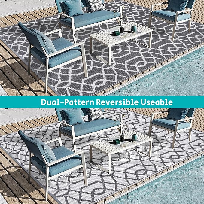 HEBE Outdoor Rug 9'x12' for Patios Waterproof Clearance Reversible Patio Mat Plastic Straw Rug RV Camping Mat Outside Area Rug Carpet for Camping RV,Porch,Deck,Balcony,Camper,Backyard