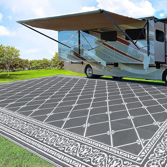 HiiARug Outdoor Rug 9'x18' for Patios Clearance, Reversible Outdoor Plastic Straw Waterproof Camping Carpet, Large Area Rugs Patio Mats for Outside RV, Camper, Deck, Porch, Beach, Picnic, Grey&White