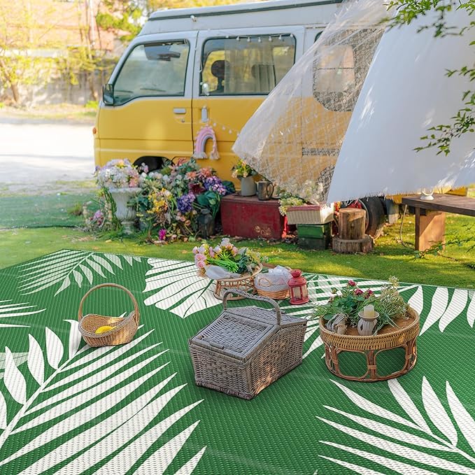 GENIMO Outdoor Rug 10' x 14' Waterproof for Patios Clearance, Reversible Outdoor Plastic Straw Camping Rug Carpet, Large Area Rugs Mats for RV, Camper, Deck, Balcony, Porch, Beach, Dark Green&White