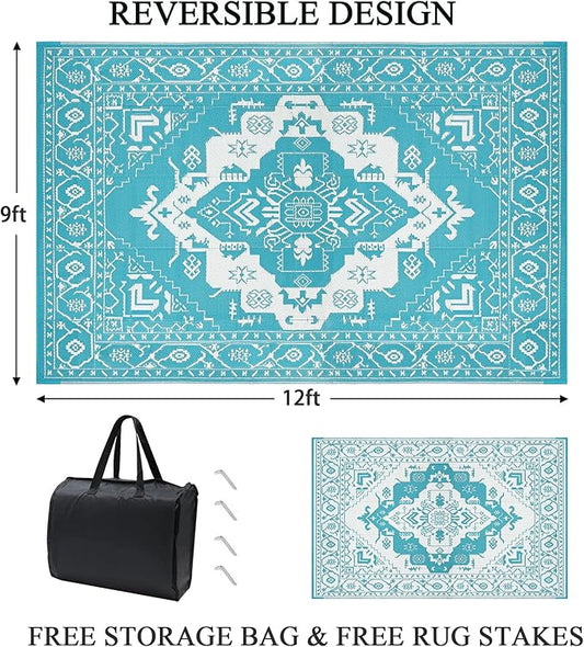 Pauwer Waterproof Outdoor Rug 9x12, Reversible Plastic Straw Patio Camping Rug, Indoor Outdoor RV Mat Carpet for Deck, Camper, Porch, Balcony, Backyard, Picnic, Medallion Teal