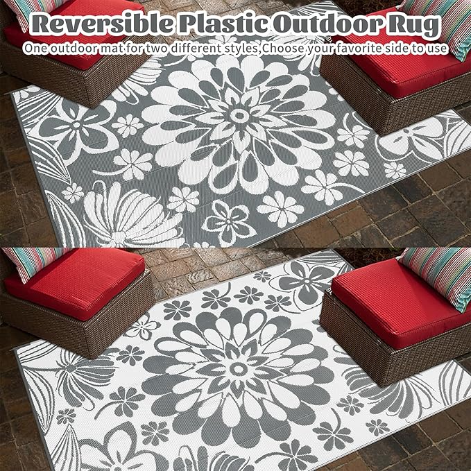 Ileading Outdoor Plastic Straw Rug 6x9ft Funny Floral Style Reversible Patio Area Rugs Waterproof Non Shedding Portable Carpets for Rv Outside Deck Pool Beach Picnic Camping (Grey)