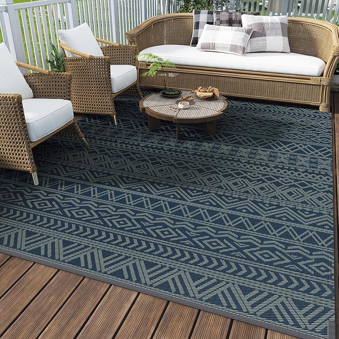 MontVoo Outdoor Rug Carpet Waterproof 6x9 Outdoor Patio Rug Mat Reverisble Plastic Straw Outdoor Rug for RV Camping Picnic Beach Balcony Boho Blue Green