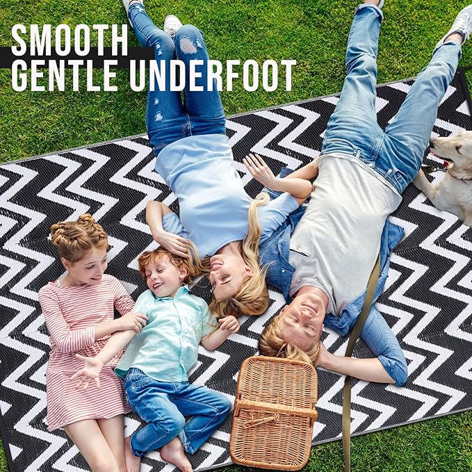 OLANLY Waterproof Outdoor Rug 6x9 ft Clearance, Reversible Outdoor Plastic Straw Rug, RV Mat, Indoor Outdoor Carpet for Patio, Camping, Balcony, Deck, Backyard, Black & White