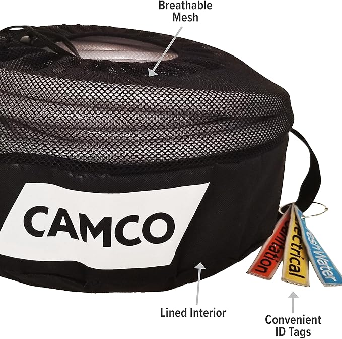 Camco Camper/RV Equipment Storage Bag | Features Lined Interior w/Breathable Mesh Top & Barrel Lock Clasp | Includes 3 Id Tags for RV Storage and Organization | 16” in Diameter x 10” Deep (53097)