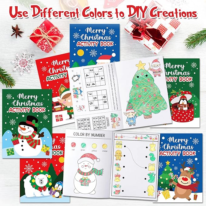 Christmas Activity Books for Kids - 24Pcs Merry Christmas Mini Games Coloring Book Set Bulk Mazes Word Search Word Scramble Games for Xmas Stockings Goodie Bags Stuffer Filler Holiday Party Supplies