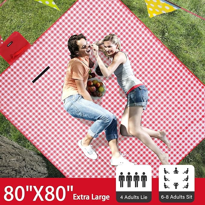 Outdoor Picnic Blanket 80"X80" Picnic Mat Extra Large Camping Blanket Beach Blanket Foldable Waterproof Sand Mat Hiking Travel Family Concerts(Red)