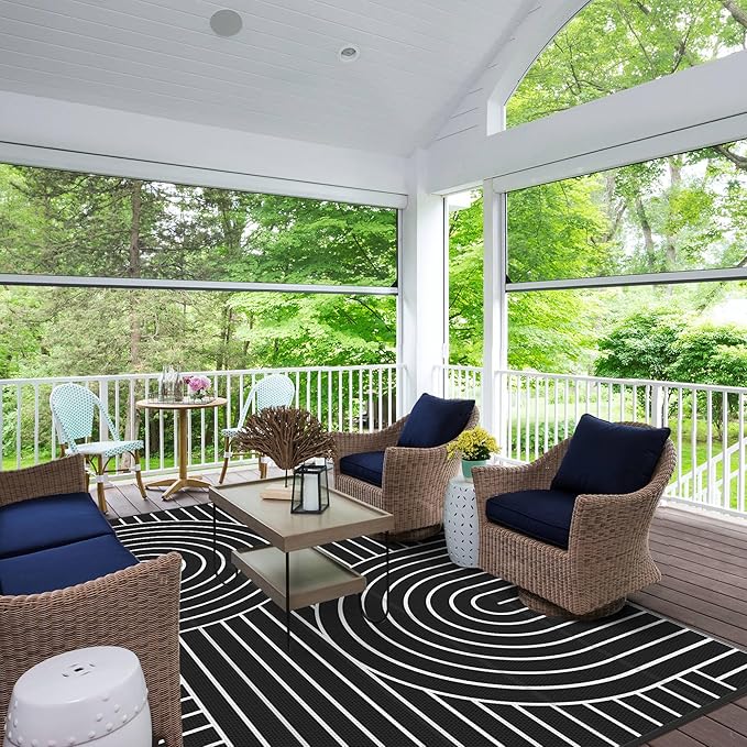 GENIMO Outdoor Rug 6'x9' Patio Waterproof, Lightweight Outdoor Plastic Straw Rug Clearance, Reversible Camping Mat Outdoor Carpet for RV, Picnic, Backyard, Deck, Balcony, Porch, Black & White