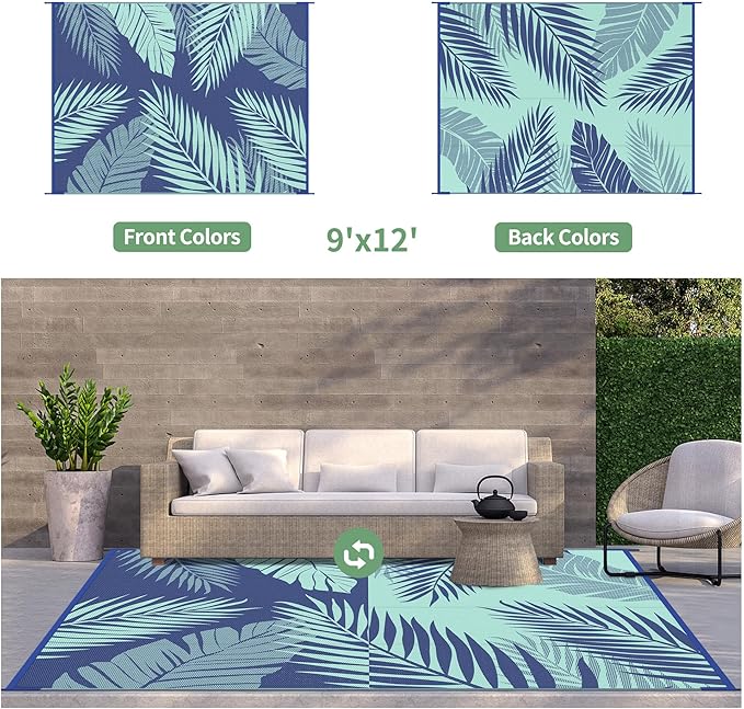 GENIMO Outdoor Rug 9' x 12' Waterproof for Patios Clearance, Reversible Outdoor Plastic Straw Camping Rug Carpet, Large Area Rugs Mats for RV, Camper, Deck, Balcony, Porch, Beach Royal Blue&Blue Green