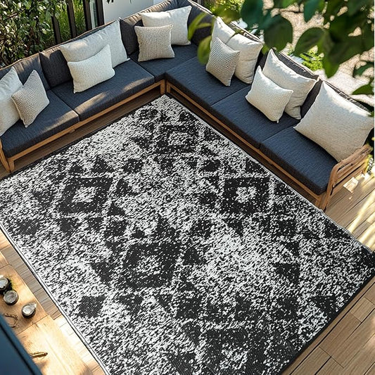 Waterproof Outdoor Rug 9x12 ft, Reversible Plastic Straw Rug, Easy to Clean Patio Rug, Portable Carpet for Patio, RV, Deck, Balcony, Backyard, Picnic, Beach, Mosaic, Gray