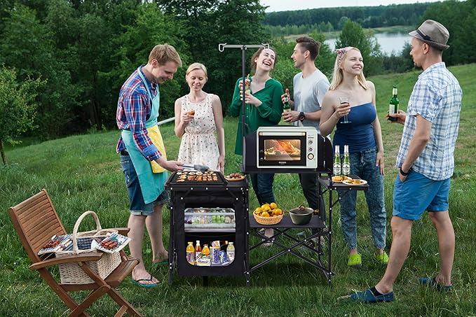 Nice C Camping Kitchen Station, Folding Table & Organizers, Upgrade Light Stand and Windshield Cooking Station, Carry Bag for Beach, Picnic (Black)