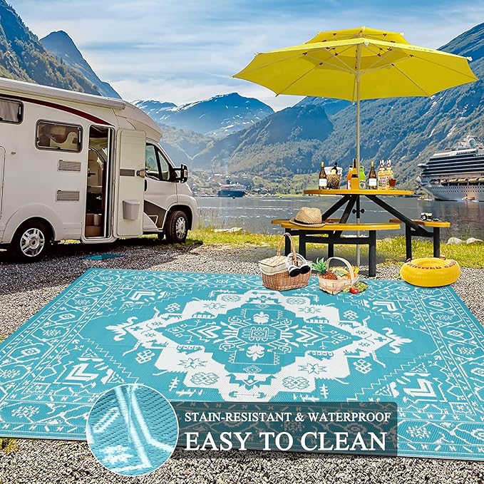 Pauwer Waterproof Outdoor Rug 9x12, Reversible Plastic Straw Patio Camping Rug, Indoor Outdoor RV Mat Carpet for Deck, Camper, Porch, Balcony, Backyard, Picnic, Medallion Teal