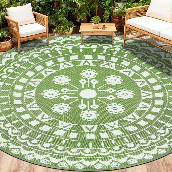 Capslpad 8Ft Round Outdoor Rug for Patios Clearance Reversible Mat Plastic Straw Patio Rugs Lightweight RV Camping Mat Circle Outside Area Rug Carpet for Balcony Deck Trailer Picnic BBQ,Green