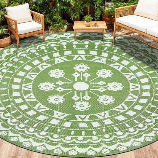 Capslpad 8Ft Round Outdoor Rug for Patios Clearance Reversible Mat Plastic Straw Patio Rugs Lightweight RV Camping Mat Circle Outside Area Rug Carpet for Balcony Deck Trailer Picnic BBQ,Green