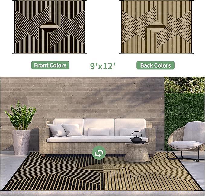 GENIMO Outdoor Rug 9'x12' for Patio Waterproof Clearance, Reversible Outdoor Plastic Straw Rug, Lightweight Carpet Camping Mat for Rv, Camper, Picnic, Balcony, Backyard, Deck, Porch, Black & Brown