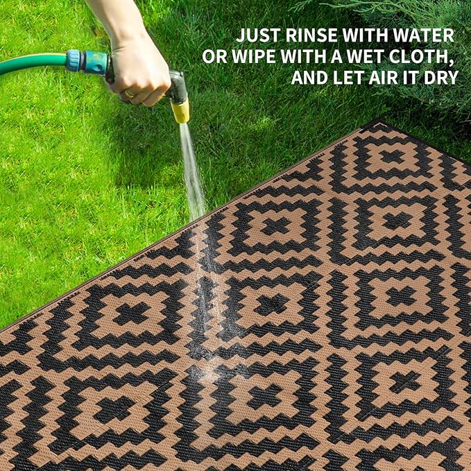 Outdoor Patio Plastic Straw Rug - 9'x18' Outdoor Camping Rug Waterproof Reversible, Area Carpet Patios Clearance RV, Outside Porch Balcony Deck for Camper, Black & Brown