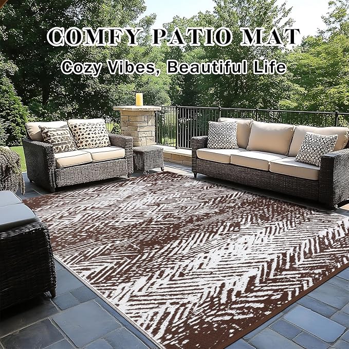 Outdoor Patio Rug 5x8 Brown, Waterproof Modern Reversible Outdoor Plastic Straw Rugs RV Camping Mat UV-Resistant Outside Carpet Portable Area Mats for Garden Balcony Deck Picnic Beach