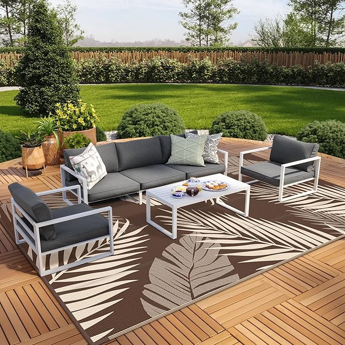 GENIMO Outdoor Rug 9' x 18' Waterproof for Patios Clearance, Reversible Outdoor Plastic Straw Camping Rug Carpet, Large Area Rugs Mats for RV, Camper, Deck, Balcony, Porch, Beach, Coffee&Beige