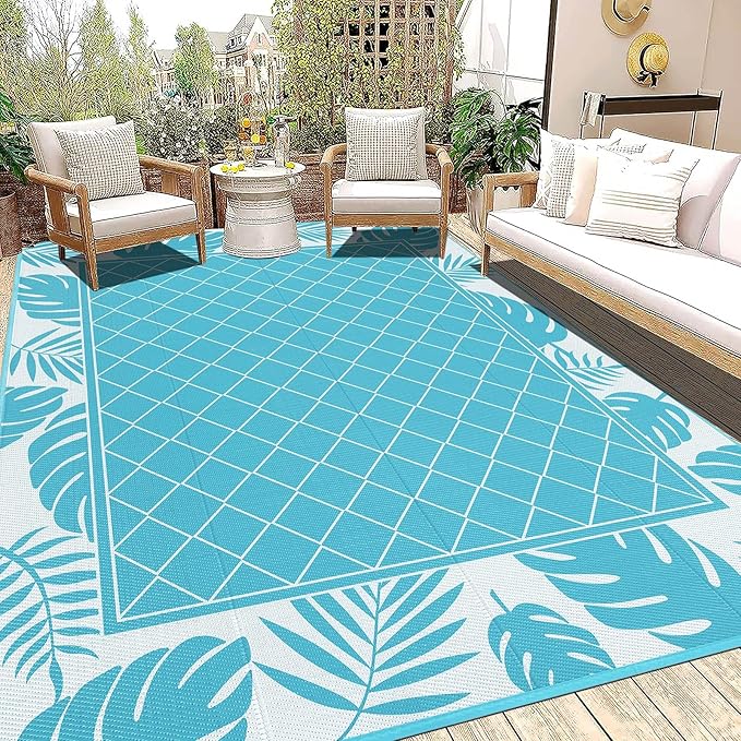 Ileading Outdoor Rug Carpet for Patio 8' x10' Waterproof Reversible Plastic Straw Rug Portable Outside Area Rug Camping Mat for Patio, Clearance, Balcony, Picnic, Pool, Beach, RV, Deck, Teal